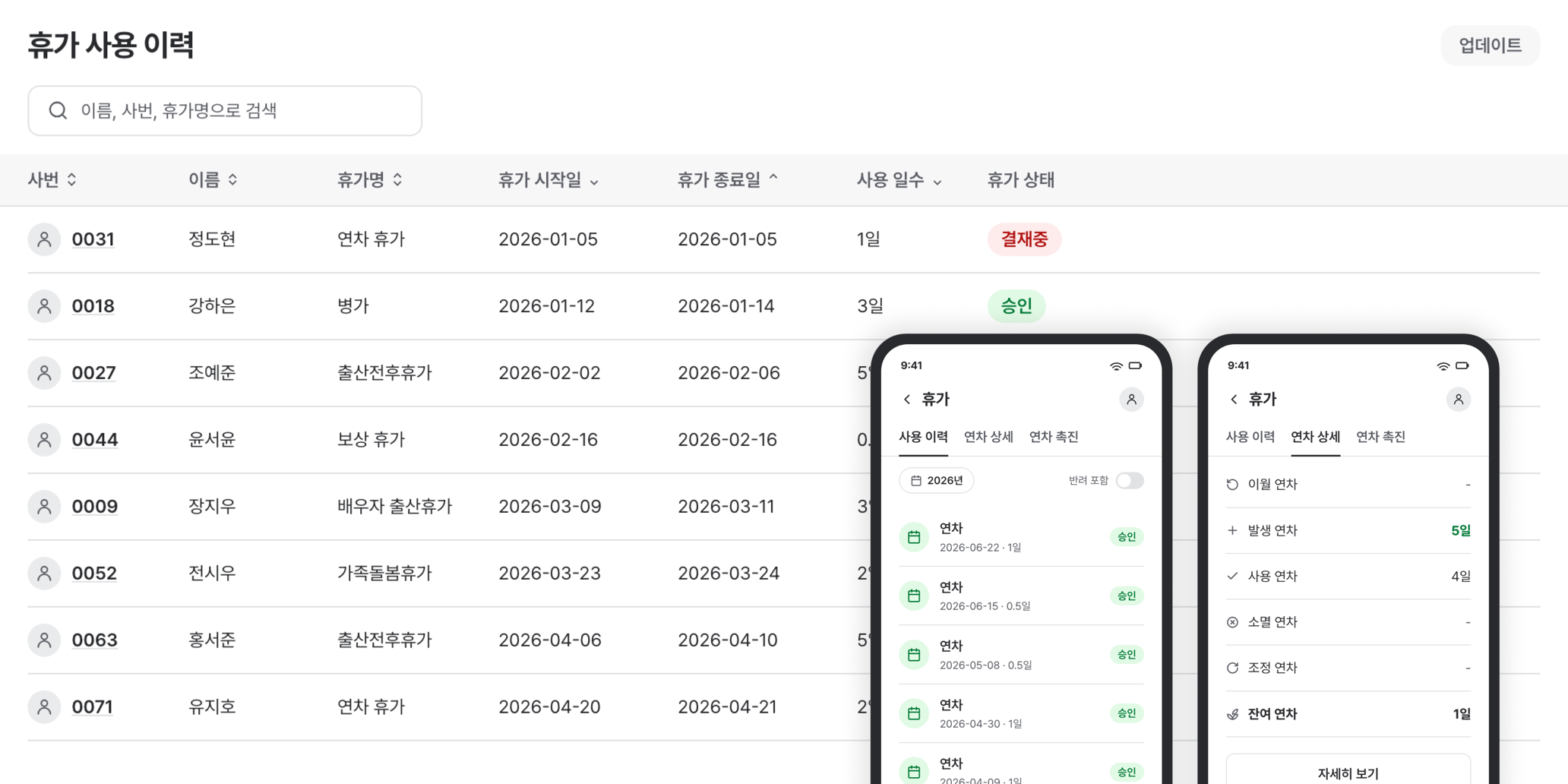 휴가 사용 이력 목록과 임직원이 모바일에서 보는 연차 상세 화면