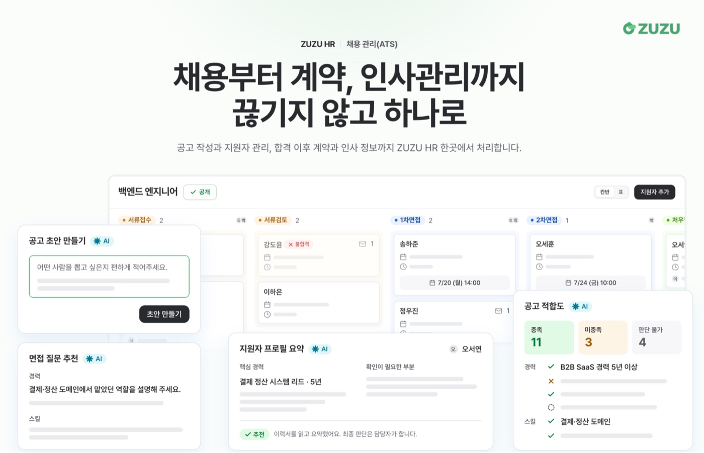 ZUZU HR 채용관리(ATS) 제품 화면: 공고 작성, 지원자 칸반 보드, AI 공고 적합도·면접 질문 추천, 지원자 프로필 요약이 한 화면에서 이어지는 모습