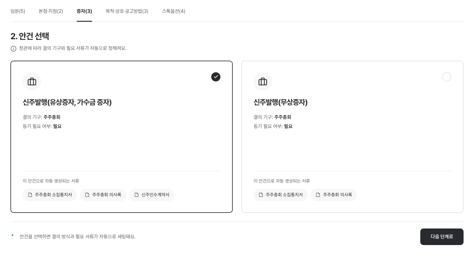 신주발행(유상증자) 안건 선택에 따라 결의 방식과 필요 서류가 자동으로 세팅되는 화면