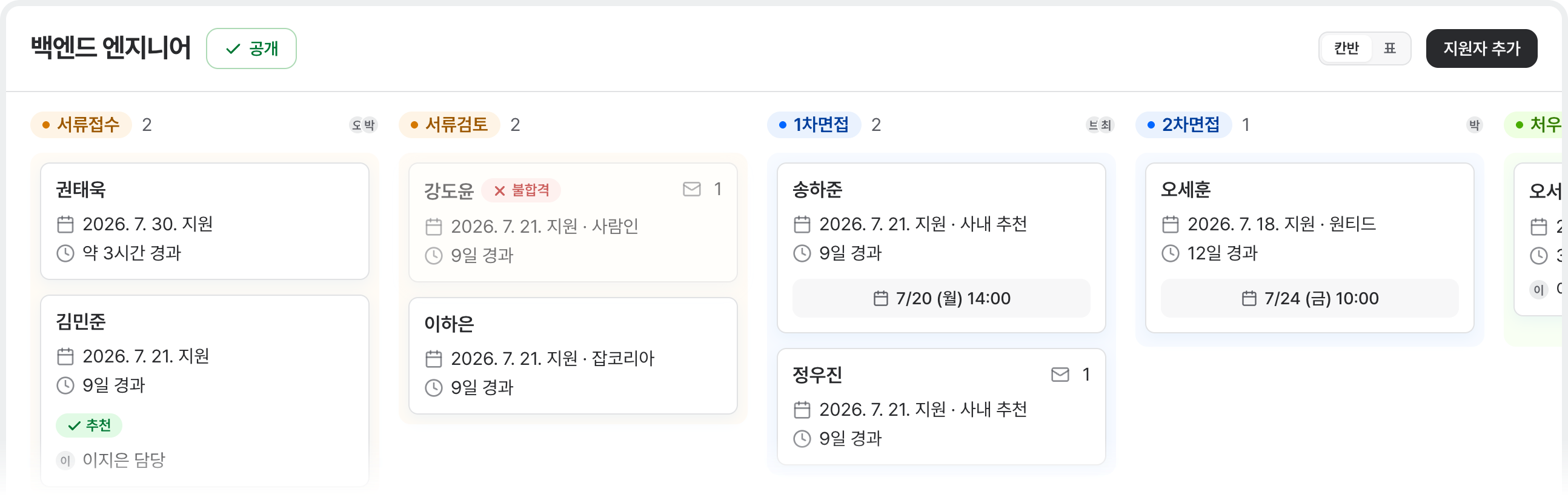 지원자 현황을 칸반 보드로 관리하는 화면