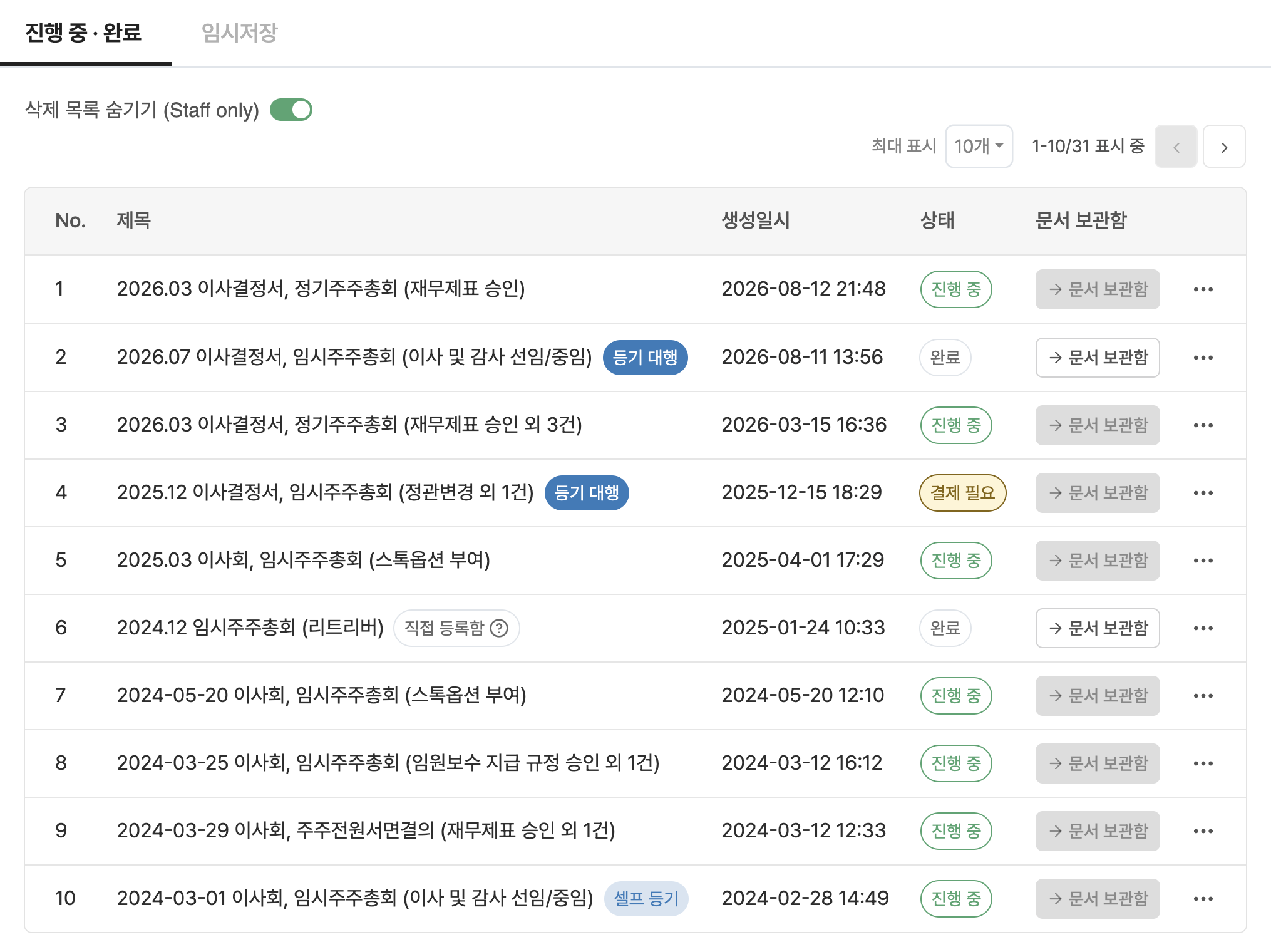 보관 중인 주주총회·이사회 문서 목록 화면