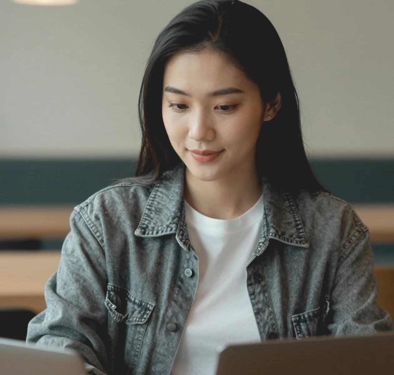 카페 테이블에서 노트북으로 일하는 사람