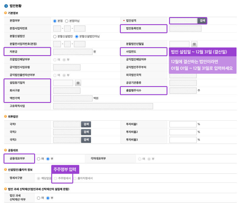 홈택스 법인현황 입력 화면